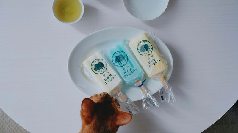 お菓子とお茶(と猫)｜カバさんマークの椛島氷菓「アイスキャンデー」と「005 おくみどり」